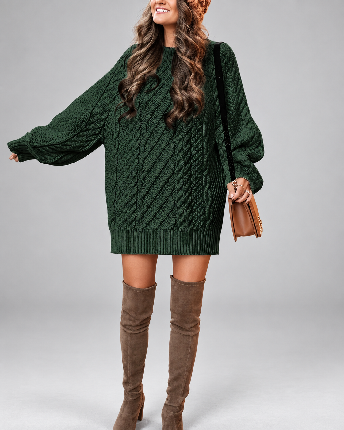 Women's Oversized Cable Knit Jumper Dress with Balloon Sleeves