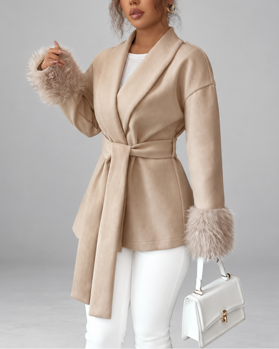 Women's belted jacket with faux fur cuffs in khaki - side