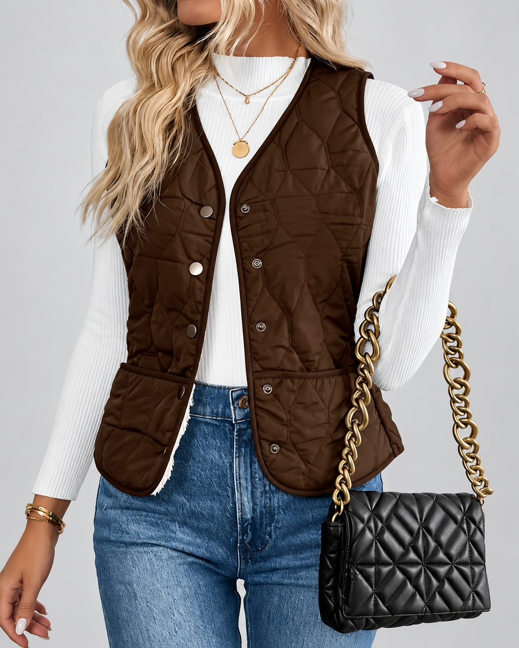Women's Quilted Gilet with Fleece Lining and Button Front