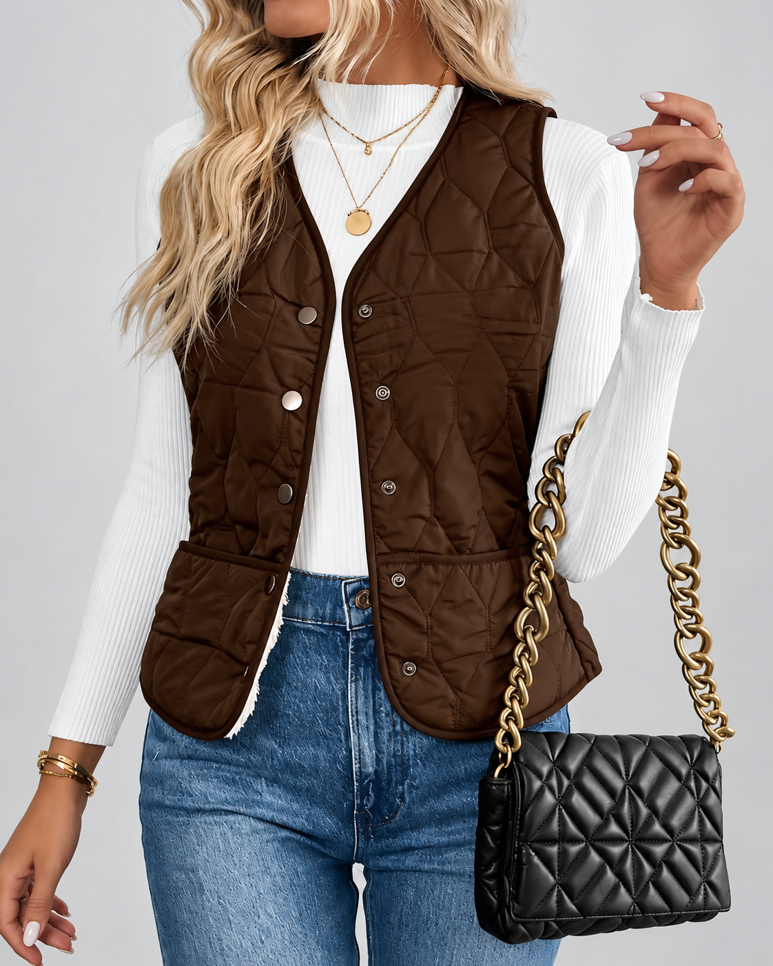 Women's Quilted Gilet with Fleece Lining and Button Front