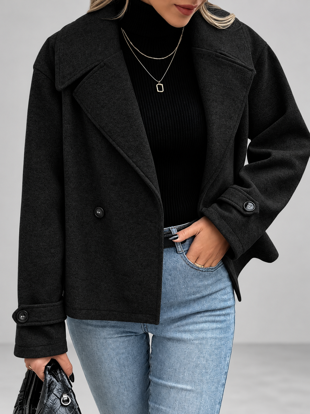 Women's Oversized Double Breasted Short Coat with Lapel Collar