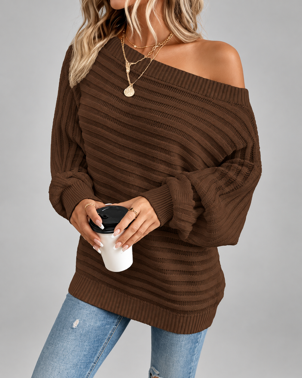 Women's Off Shoulder Ribbed Knit Jumper with Batwing Sleeves
