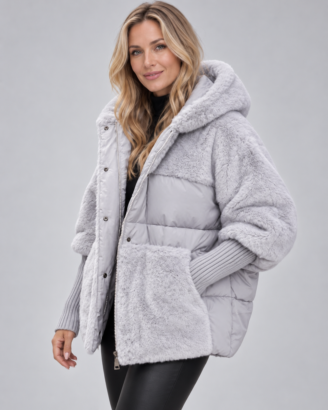 Women's Oversized Padded Hooded Coat with Faux Fur Panels