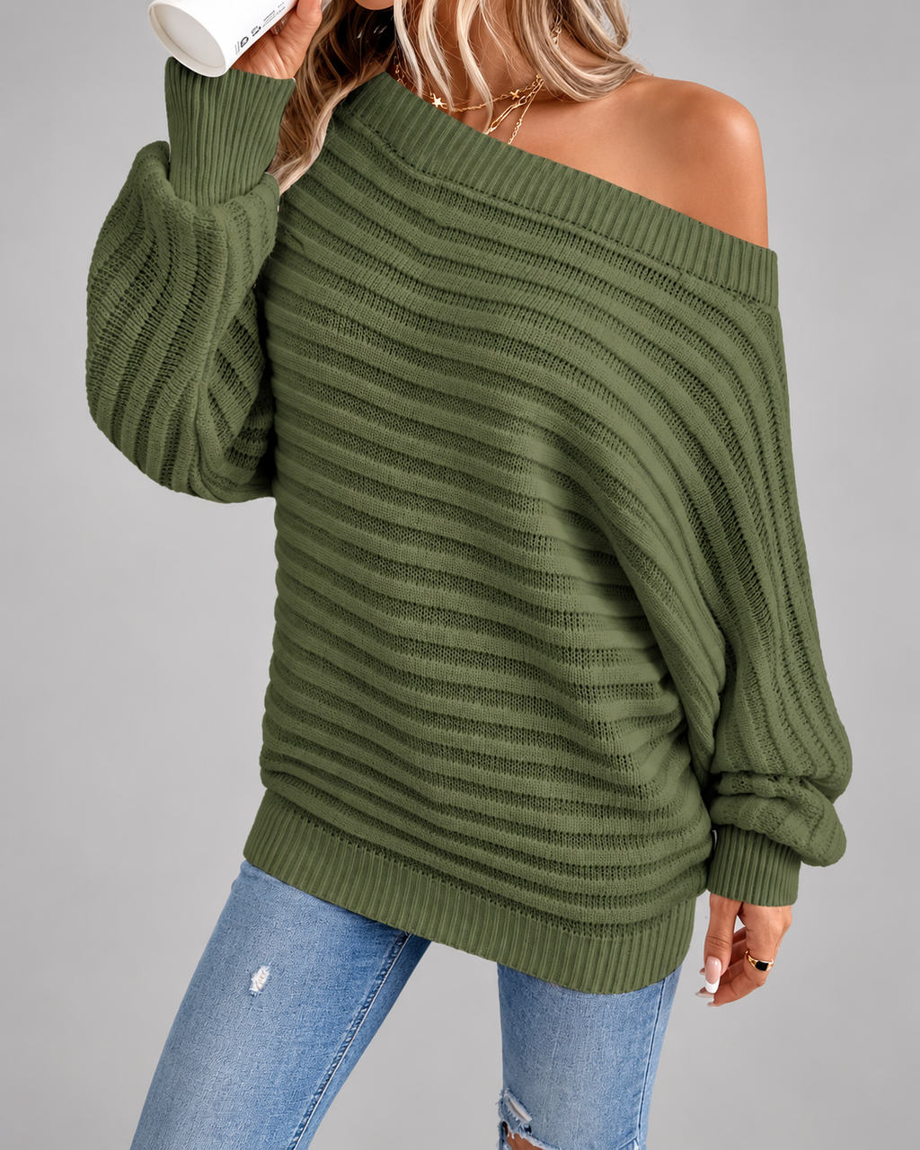 Women's Off Shoulder Ribbed Knit Jumper with Batwing Sleeves