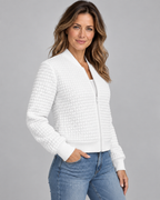 Women's Textured Knit Bomber Jacket with Zip Front and Ribbed Trim
