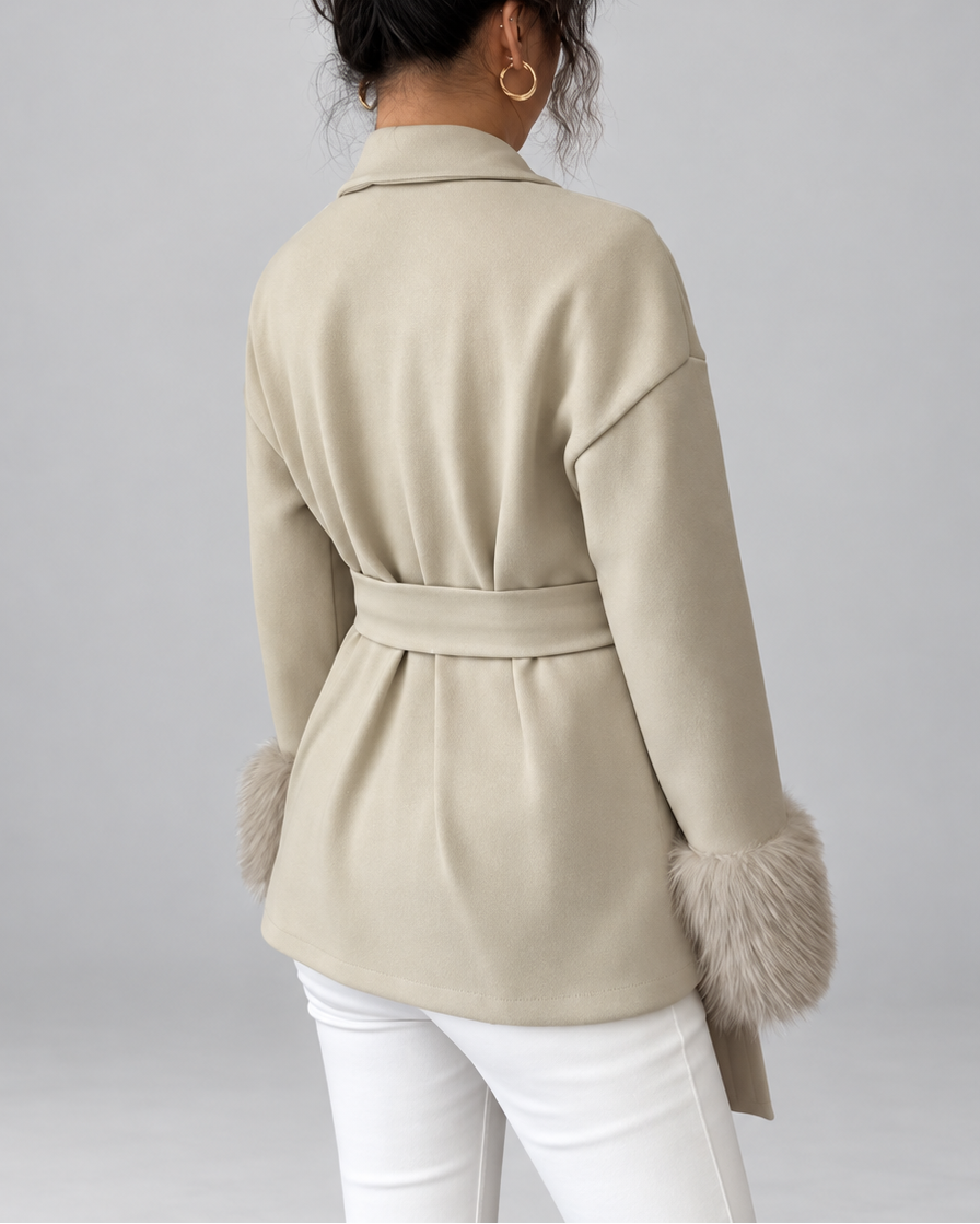 Women's belted jacket with faux fur cuffs in khaki - back