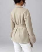 Women's belted jacket with faux fur cuffs in khaki - back