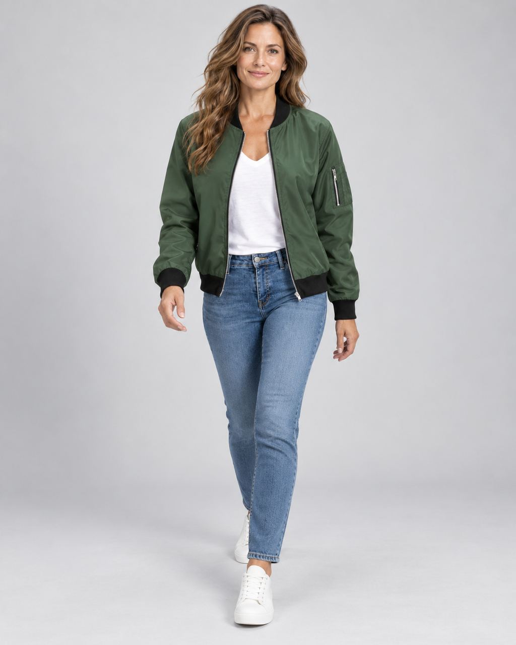 Women's Bomber Jacket with Zip Front and Ribbed Cuffs