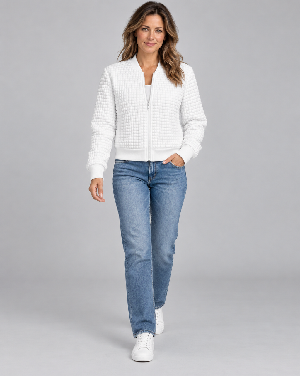 Women's Textured Knit Bomber Jacket with Zip Front and Ribbed Trim