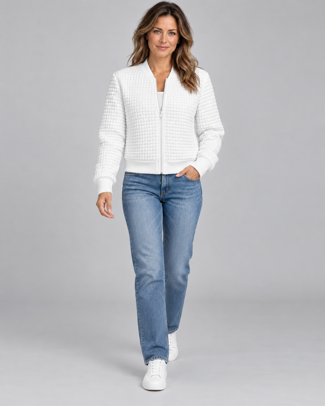 Women's Textured Knit Bomber Jacket with Zip Front and Ribbed Trim
