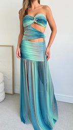Women's Strapless Twist Front Mesh Cut Out Maxi Dress