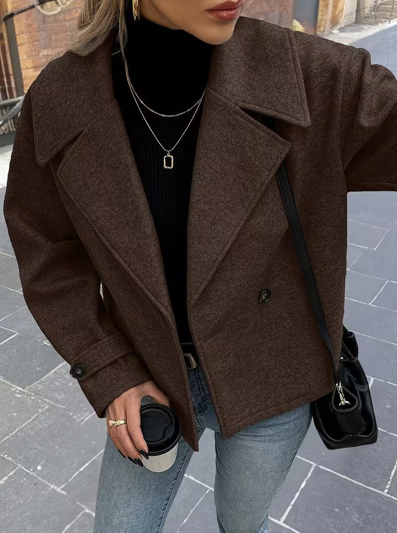 Women's Wool Blend Jacket with Oversized Lapel Collar and Button Front