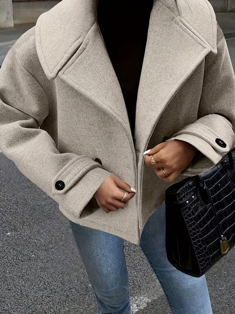 Women's Wool Blend Jacket with Oversized Lapel Collar and Button Front