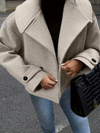 Women's Wool Blend Jacket with Oversized Lapel Collar and Button Front