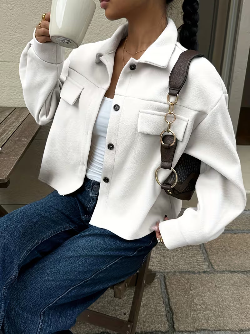 Women's Cropped Jacket with Chest Pockets and Button Front