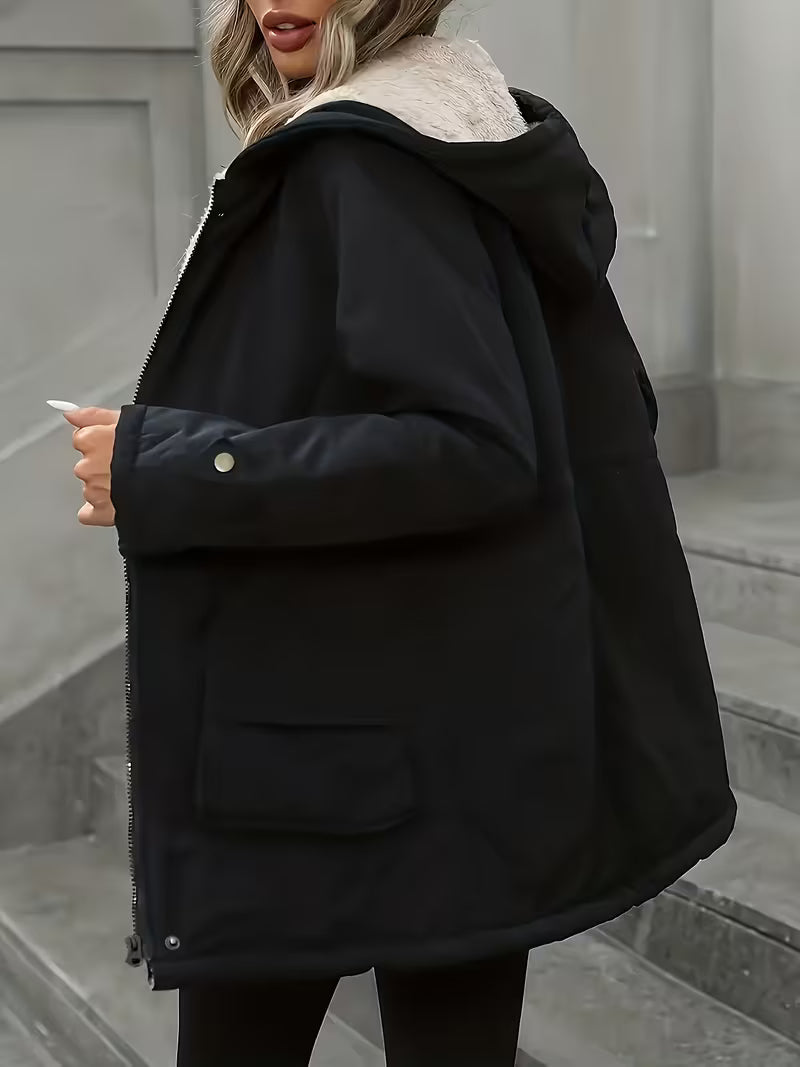Women's Sherpa Lined Hooded Parka with Zip Front and Pockets