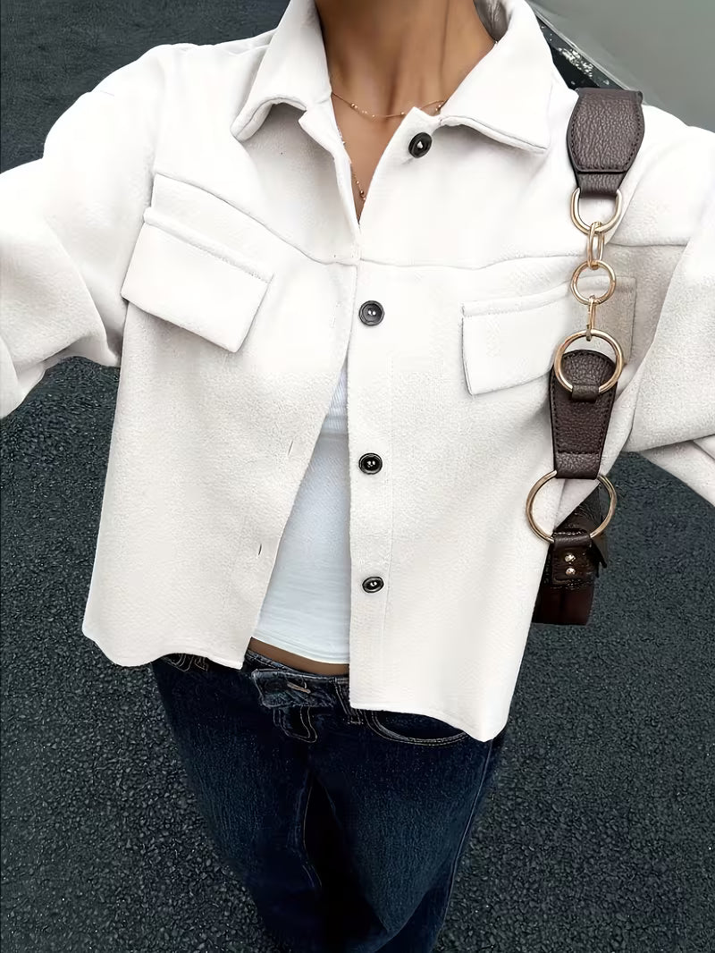 Women's Cropped Jacket with Chest Pockets and Button Front