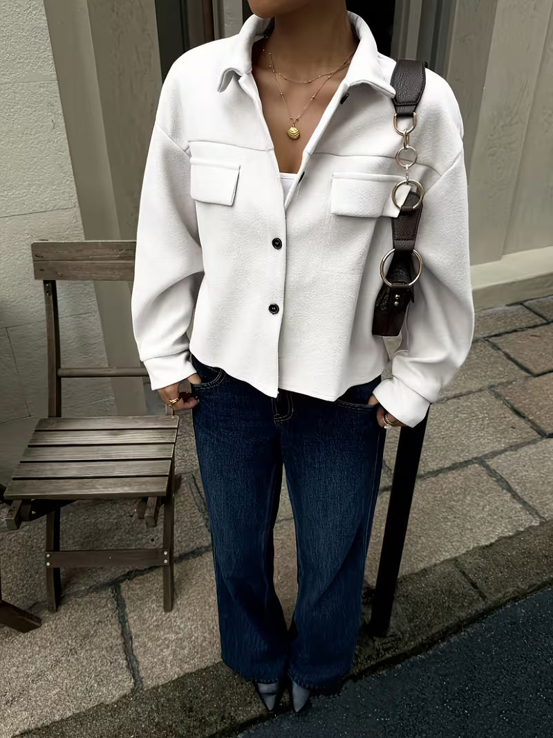 Women's Cropped Jacket with Chest Pockets and Button Front