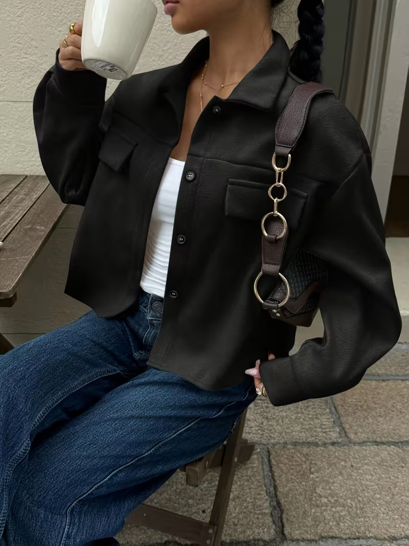 Women's Cropped Jacket with Chest Pockets and Button Front