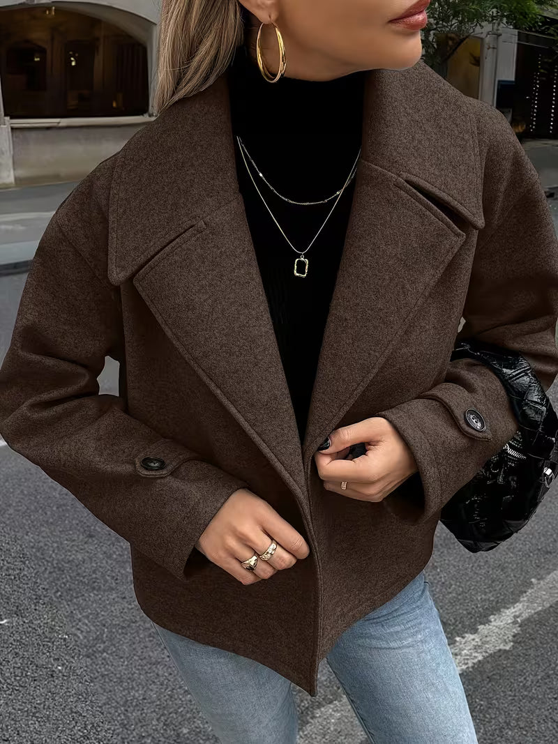 Women's Wool Blend Jacket with Oversized Lapel Collar and Button Front