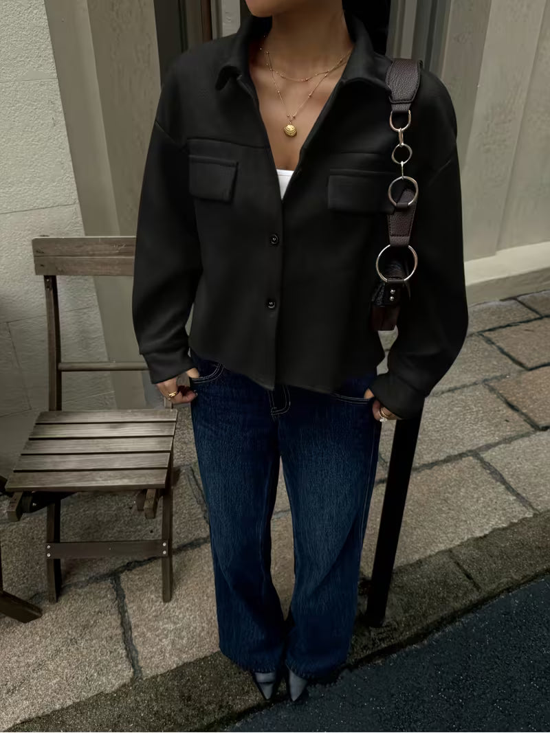 Women's Cropped Jacket with Chest Pockets and Button Front
