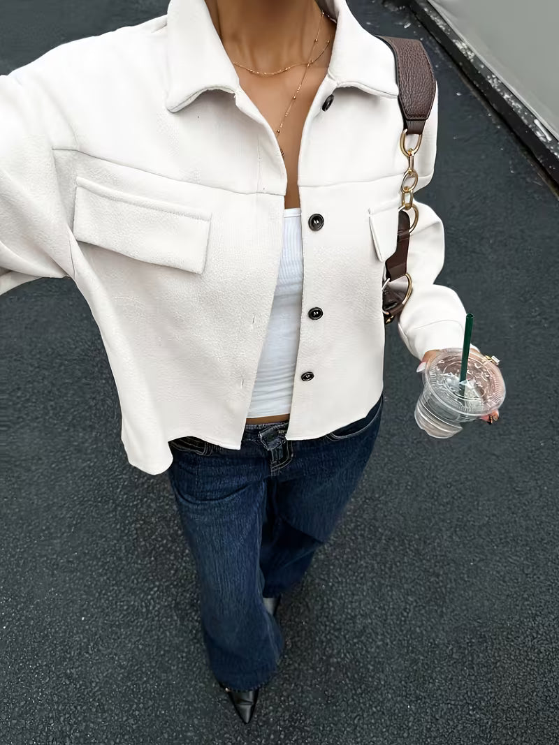 Women's Cropped Jacket with Chest Pockets and Button Front