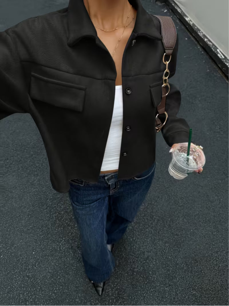 Women's Cropped Jacket with Chest Pockets and Button Front
