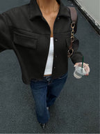 Women's Cropped Jacket with Chest Pockets and Button Front
