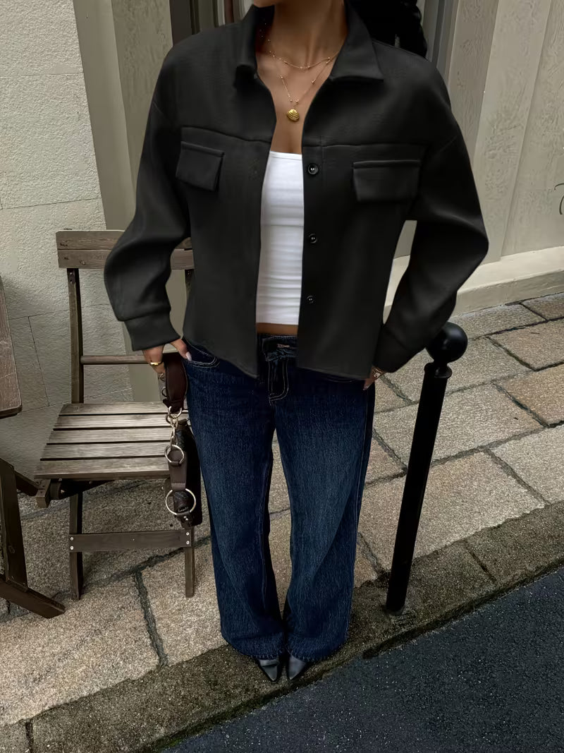 Women's Cropped Jacket with Chest Pockets and Button Front