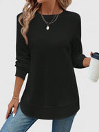 Women's Ribbed Knit Long Sleeve Top with Round Neck