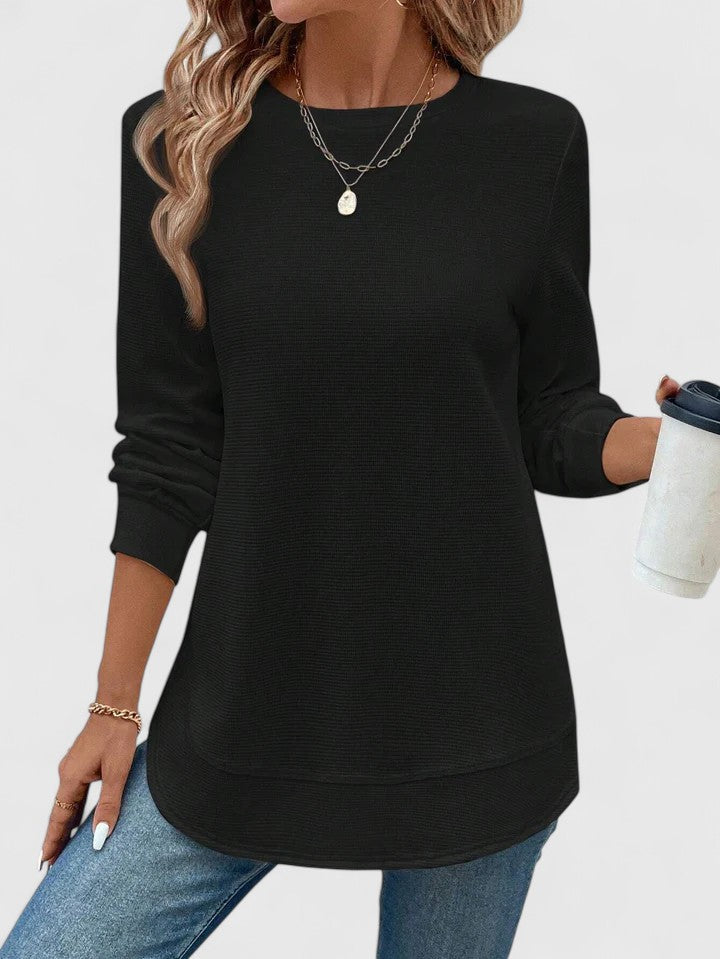Women's Ribbed Knit Long Sleeve Top with Round Neck