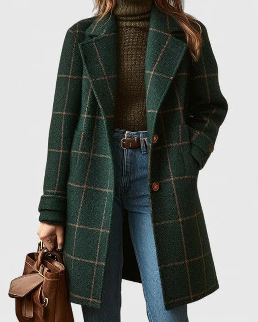 Women's Checked Long Coat with Lapel Collar and Button Front