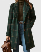 Women's Checked Long Coat with Lapel Collar and Button Front