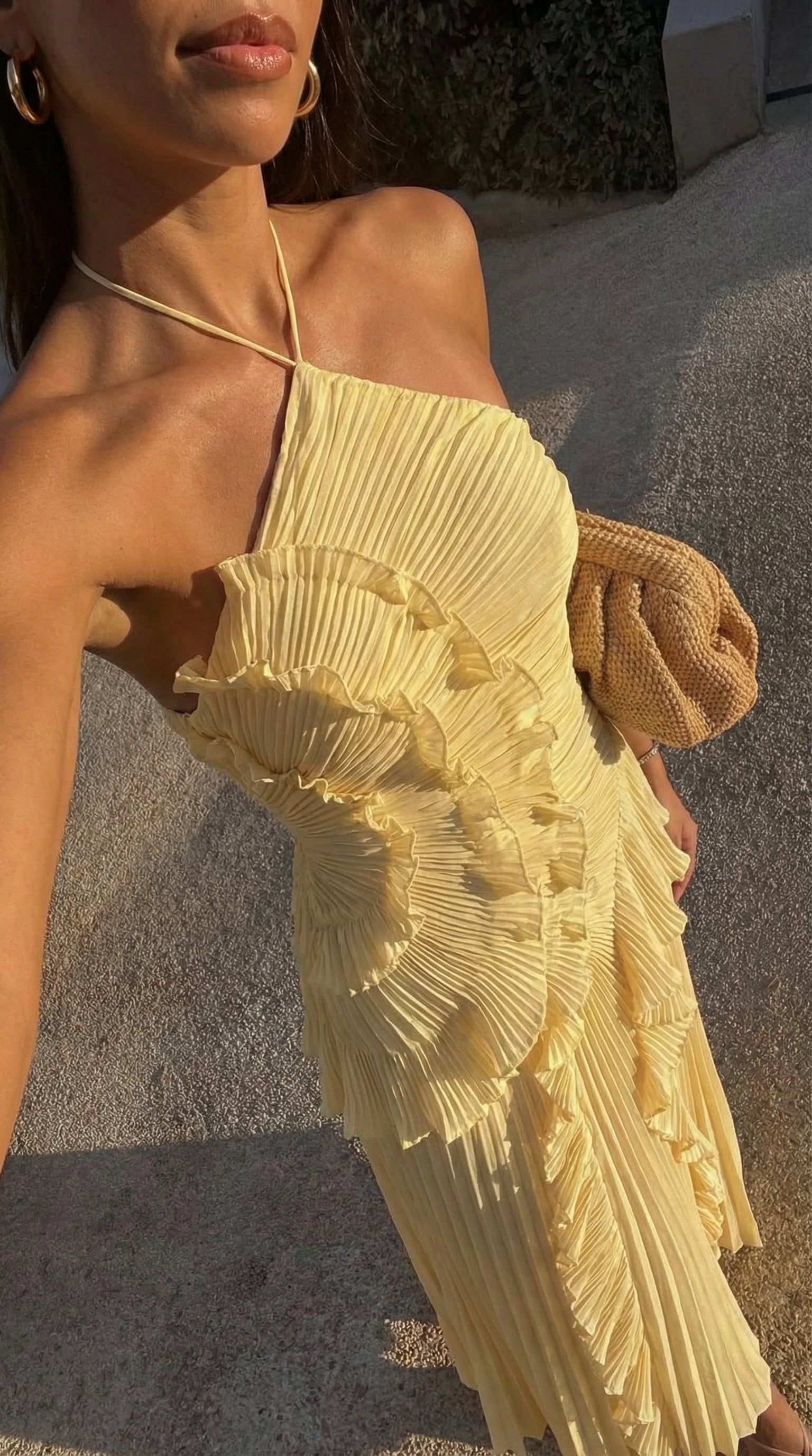 Women's Ruffle Maxi Dress | Halter Pleated Wedding Guest Dress