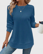 Women's Ribbed Knit Long Sleeve Top with Round Neck