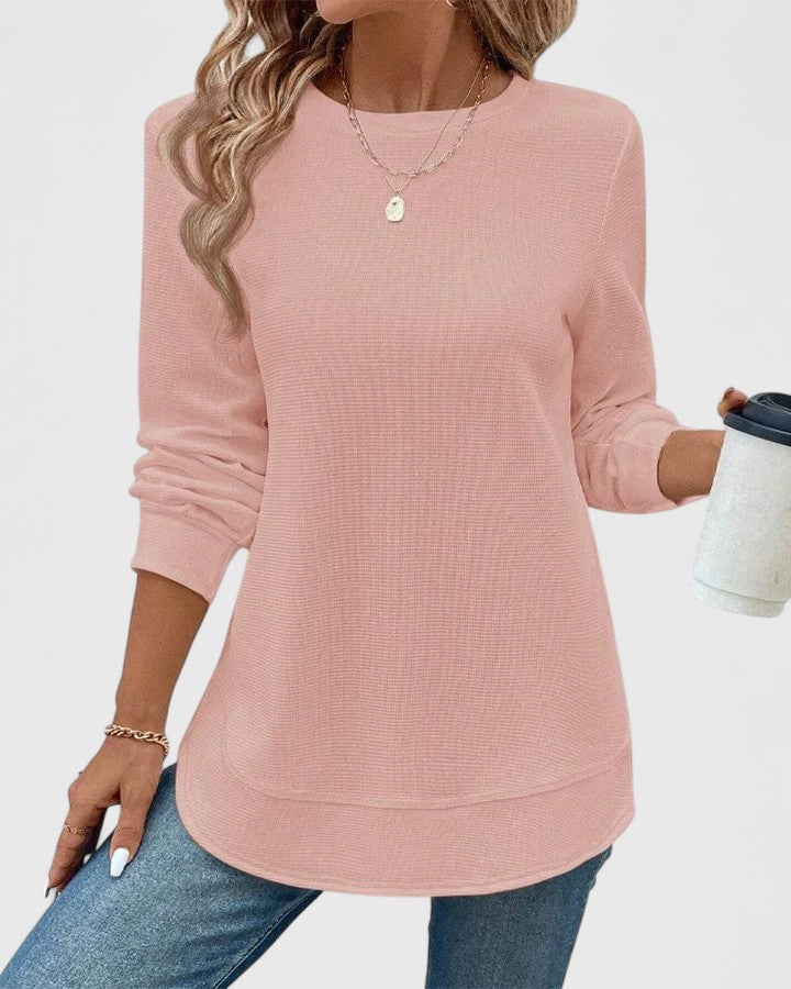 Women's Ribbed Knit Long Sleeve Top with Round Neck