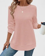 Women's Ribbed Knit Long Sleeve Top with Round Neck