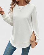 Women's Ribbed Knit Long Sleeve Top with Round Neck