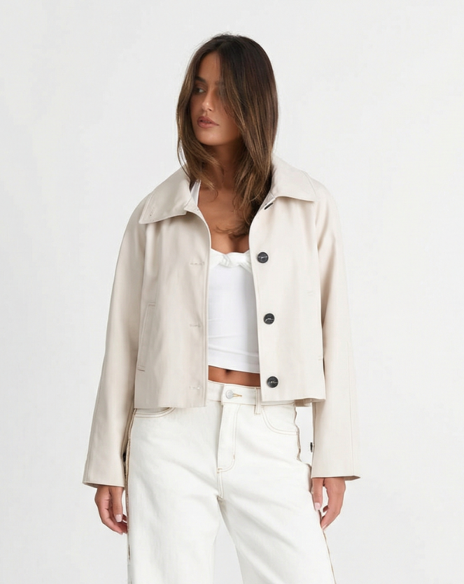 Women's Cropped Collared Jacket with Button Front and Pockets