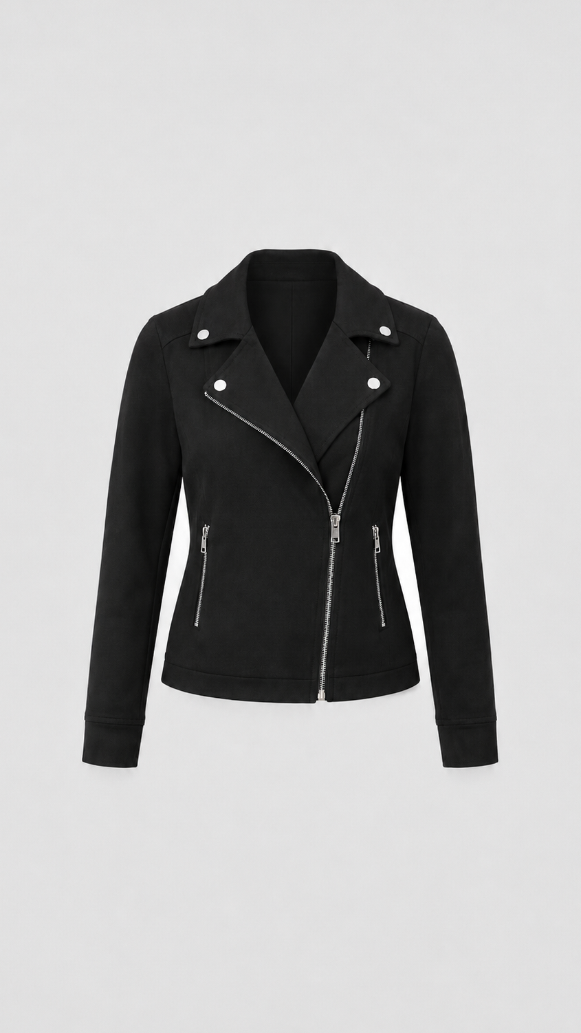 Women’s Cropped Zip Front Suede Look Biker Jacket