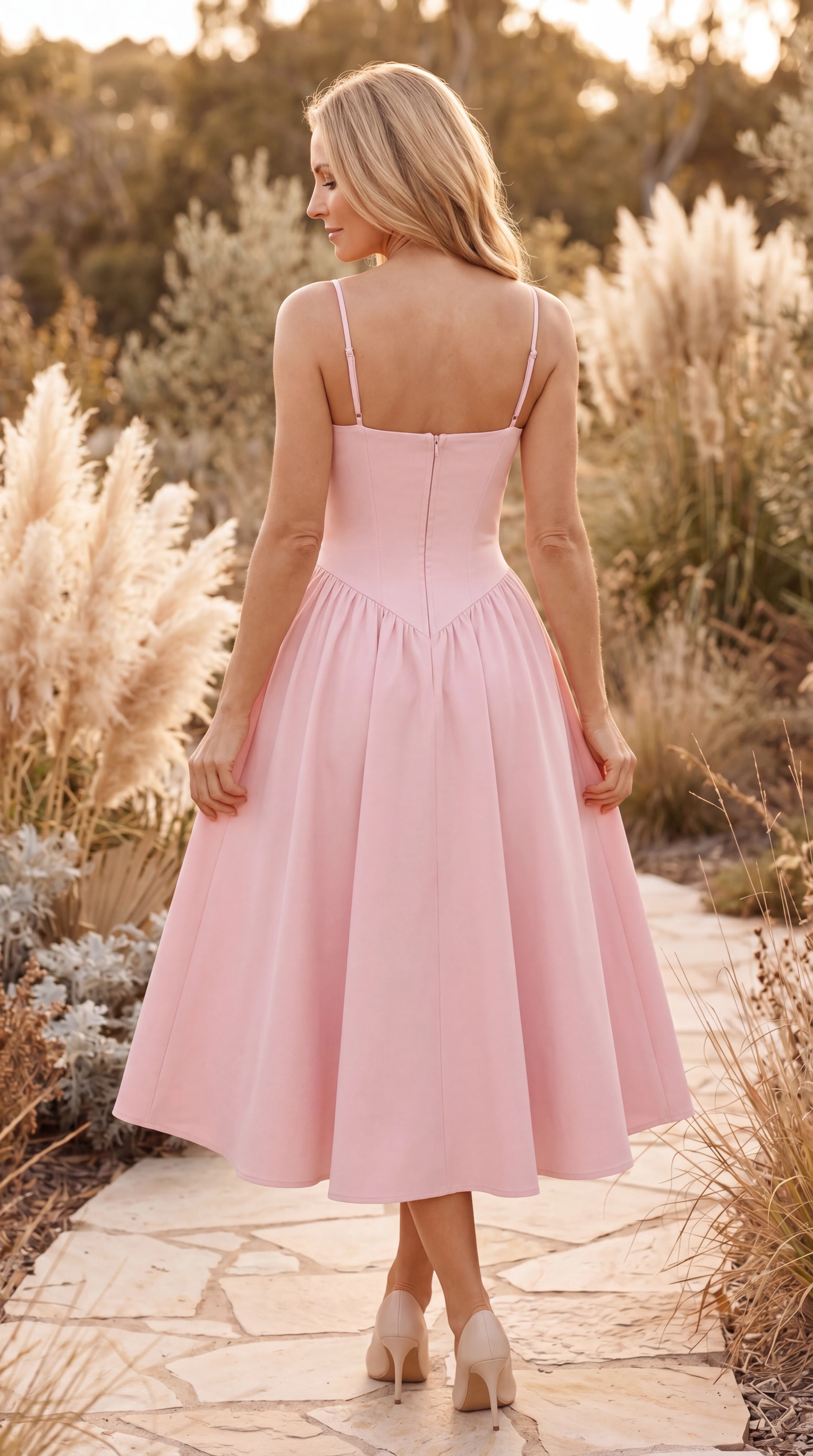 Women's Pink Corset Midi Dress | A Line Wedding Guest Dress