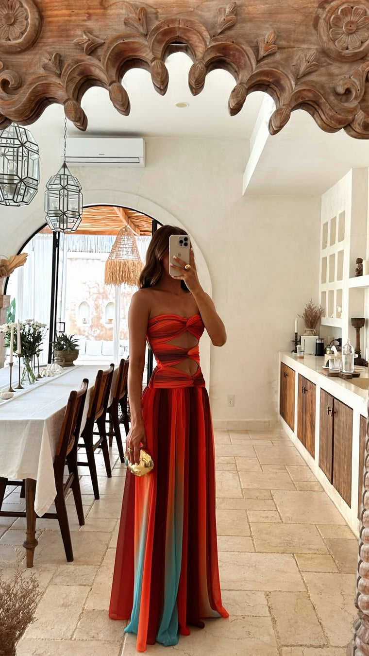 Women's Strapless Twist Front Mesh Cut Out Maxi Dress