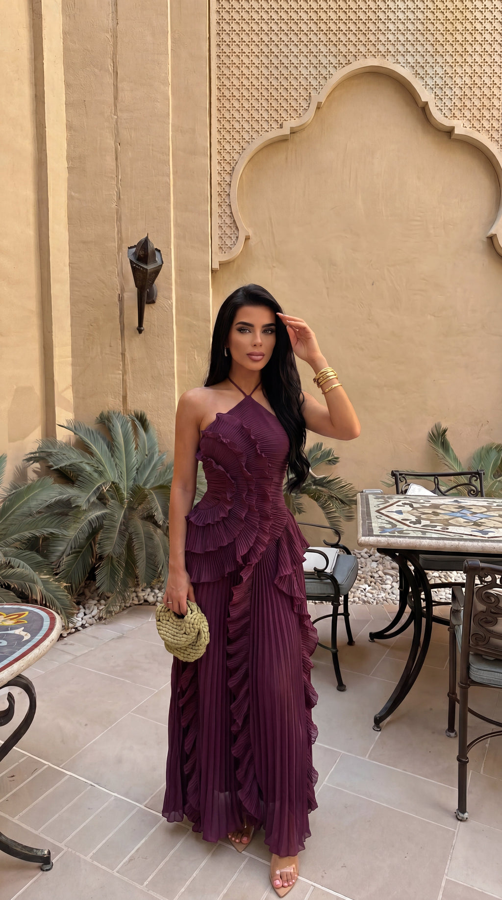 Women's Ruffle Maxi Dress | Halter Pleated Wedding Guest Dress
