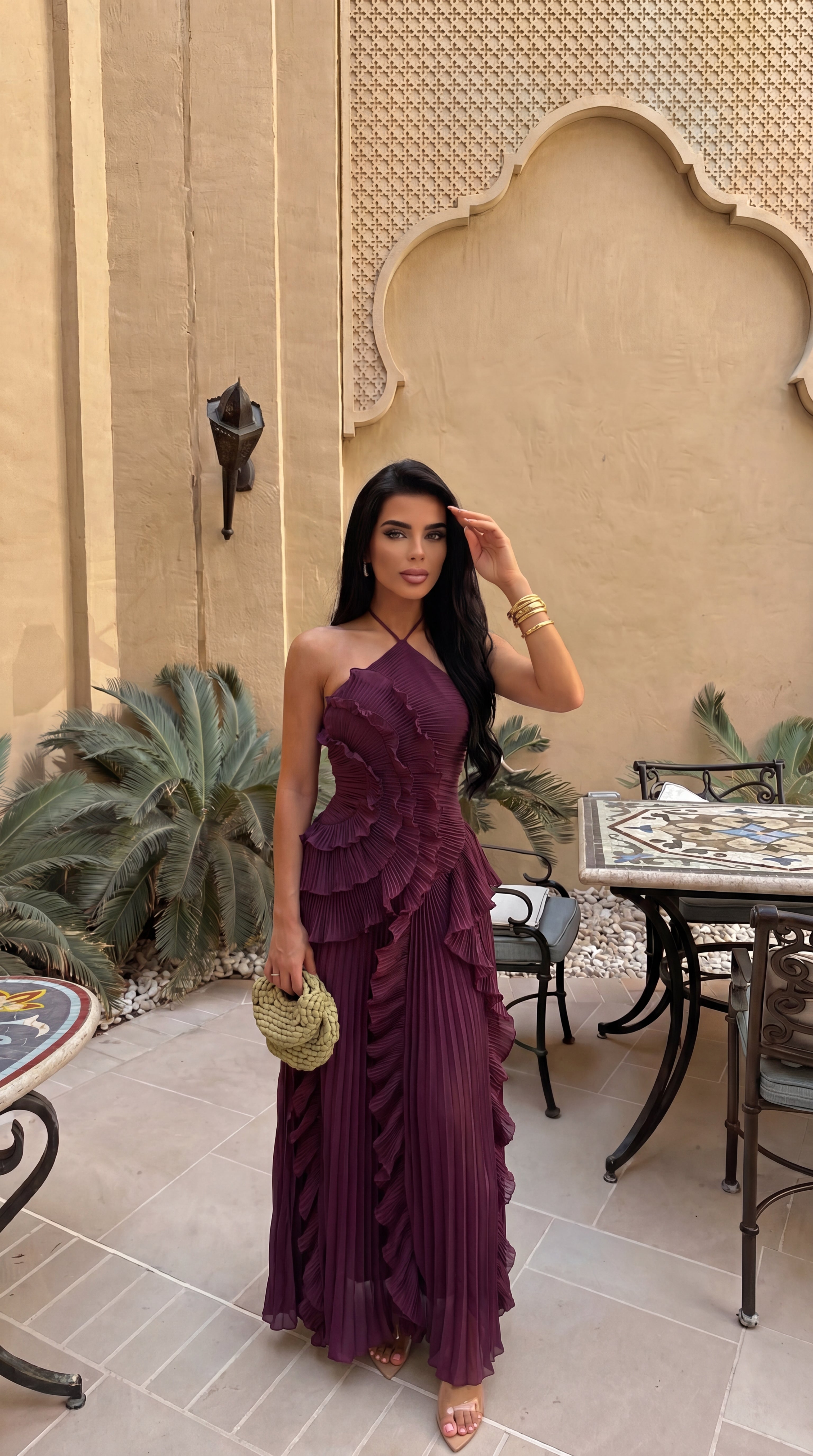 Women's Ruffle Maxi Dress | Halter Pleated Wedding Guest Dress