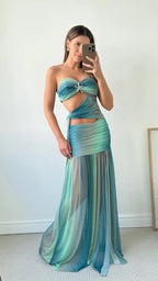 Women's Strapless Twist Front Mesh Cut Out Maxi Dress
