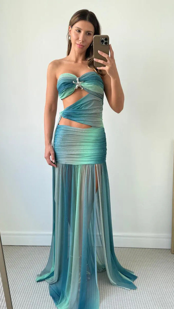 Women's Strapless Twist Front Mesh Cut Out Maxi Dress