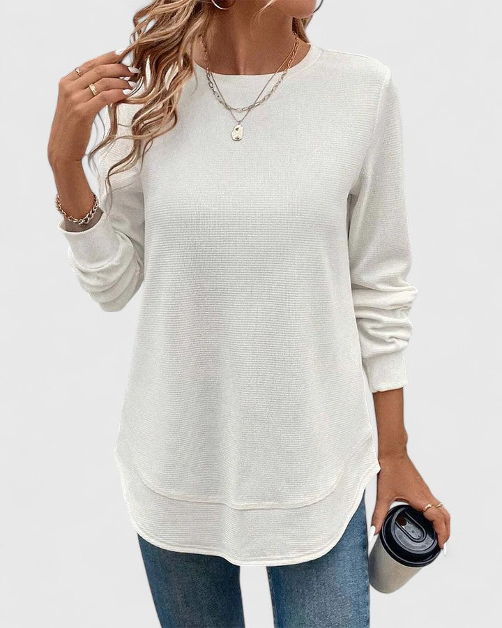 Women's Ribbed Knit Long Sleeve Top with Round Neck