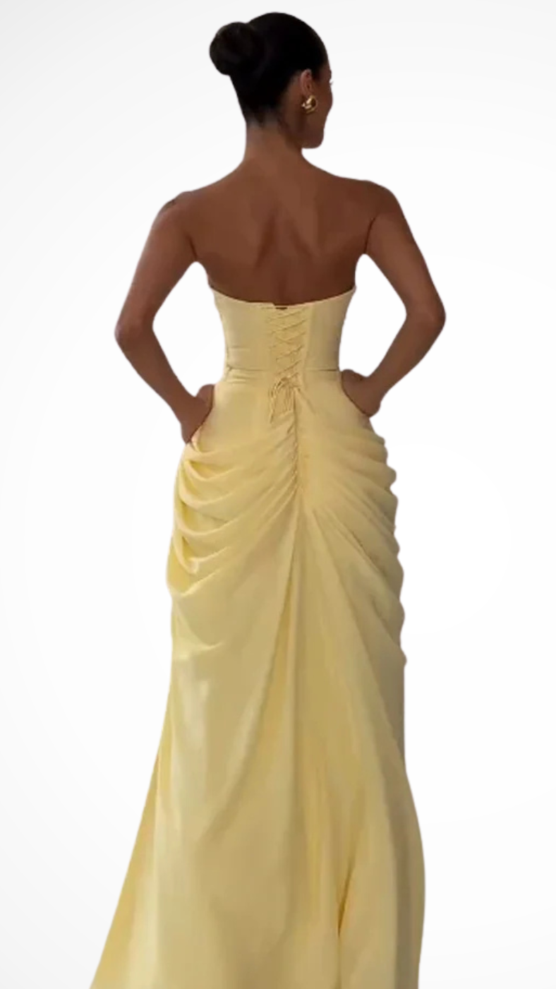 Women's Strapless Ruched Maxi Dress | Draped Side Slit Wedding Guest Dress