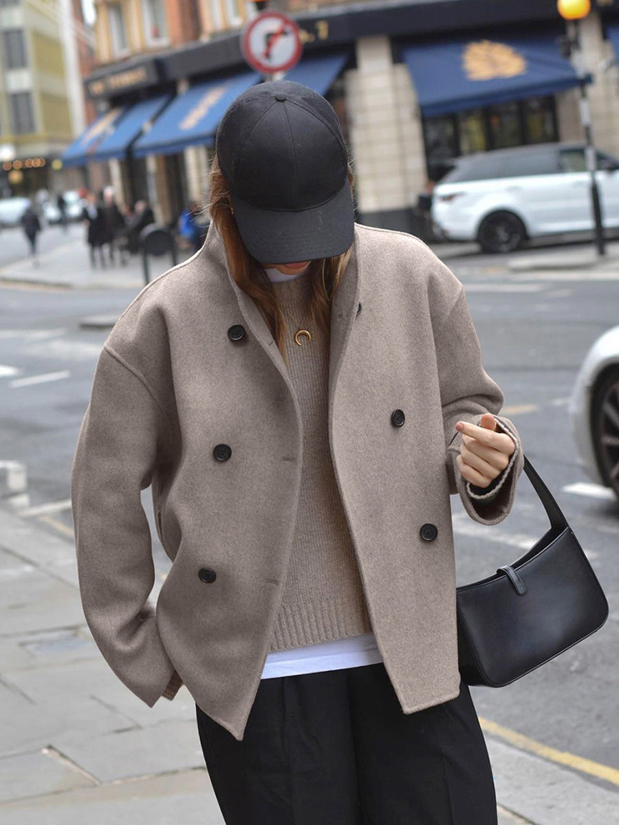 Women's Oversized Double Breasted Short Coat with Stand Collar