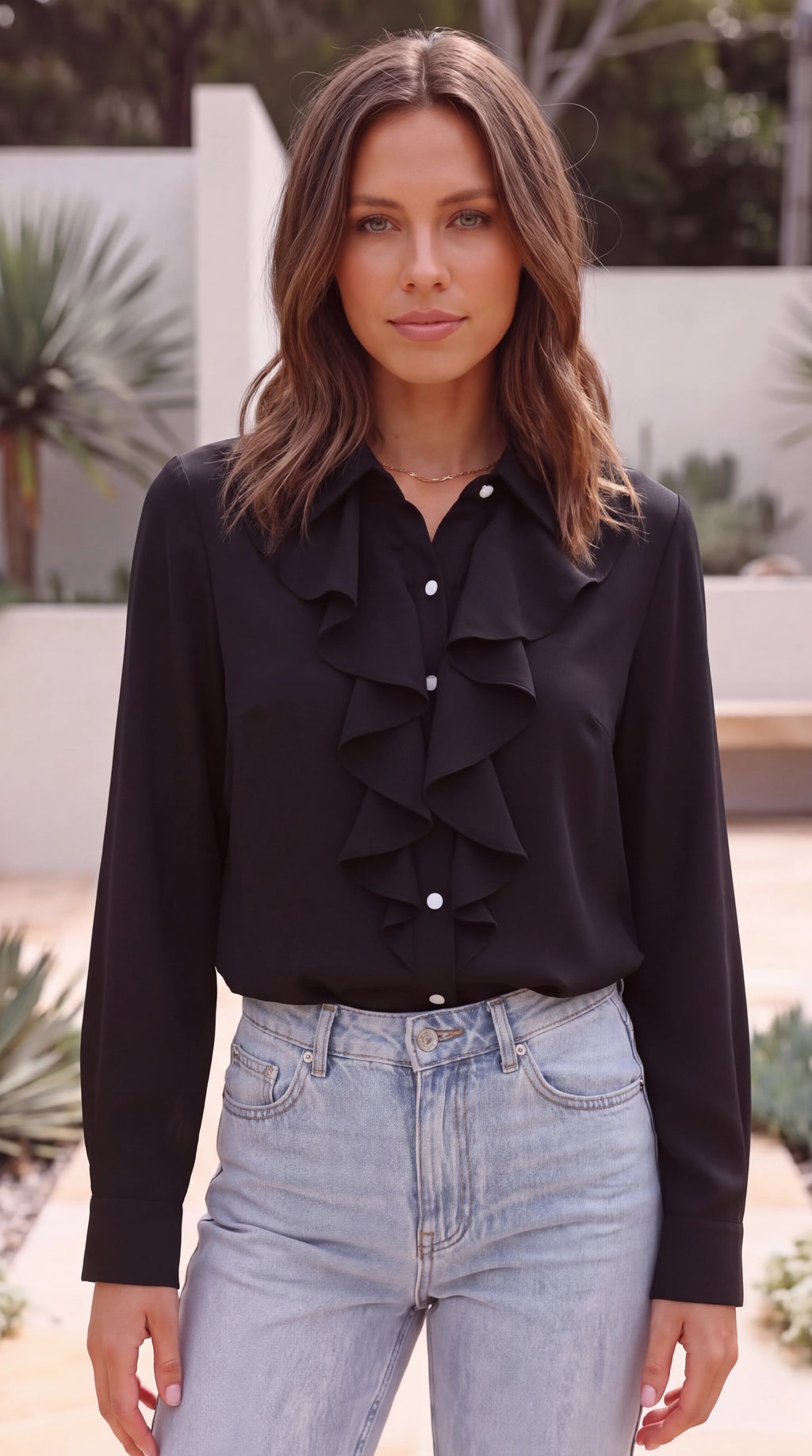 Women's Collared Long Sleeve Ruffle Front Button-Up Blouse